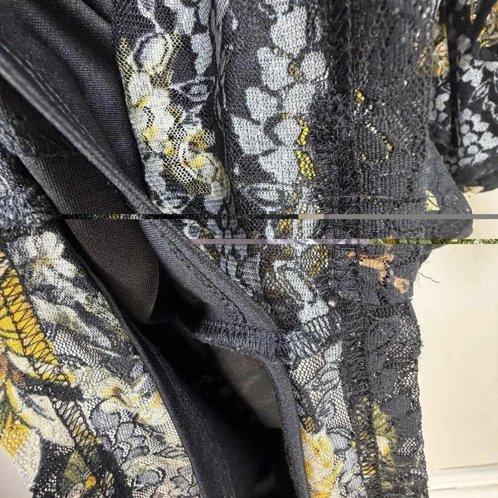 VFSHOW Women's Large Mesh Floral Dress Black Yellow Bell Sleeve Midi Career‎